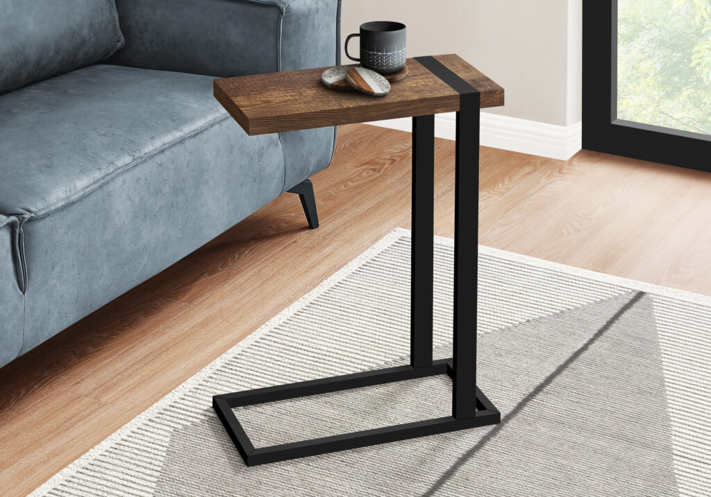 Accent Table, 25″H, C-shaped, End, Side, Snack, Living Room, Bedroom, Brown Laminate, Black Metal, Contemporary, Modern