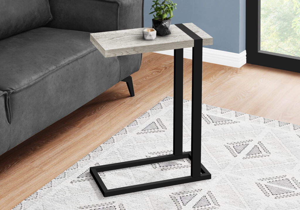 Accent Table, 25″H, C-shaped, End, Side, Snack, Living Room, Bedroom, Grey Laminate, Black Metal, Contemporary, Modern