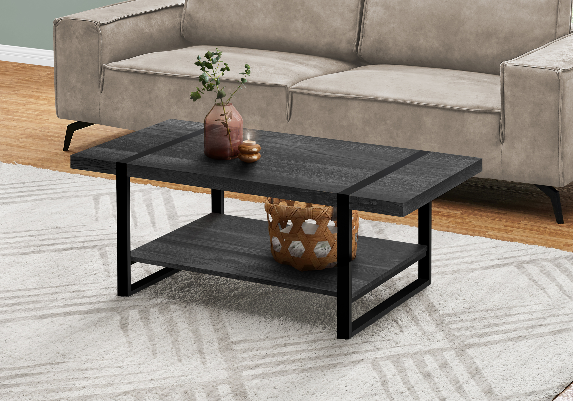 Coffee Table, Accent, Cocktail, Rectangular, Living Room, 48″L, Black Laminate, Black Metal, Contemporary, Modern