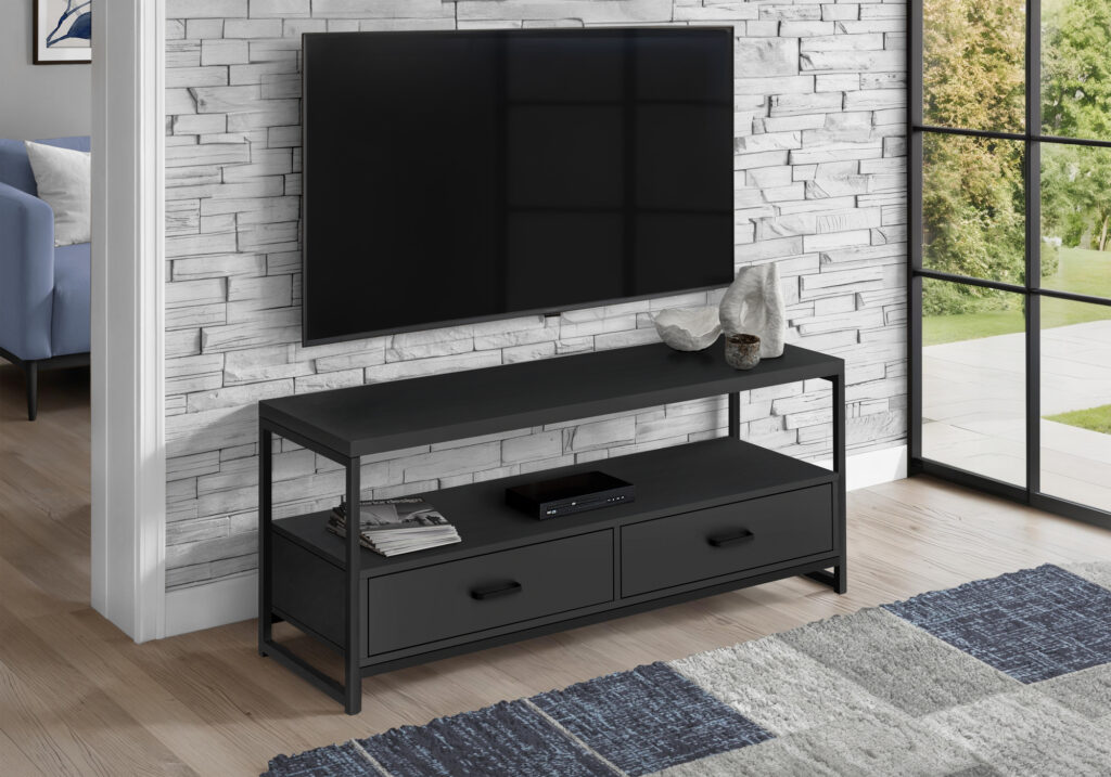 Tv Stand, 48 Inch, Console, Media Entertainment Center, Storage Drawers, Living Room, Bedroom, Black Laminate, Black Metal, Contemporary