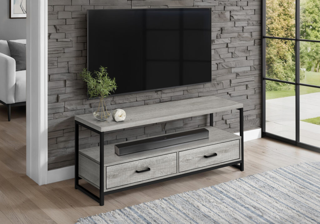 Tv Stand, 48 Inch, Console, Media Entertainment Center, Storage Drawers, Living Room, Bedroom, Grey Laminate, Black Metal, Contemporary, Modern