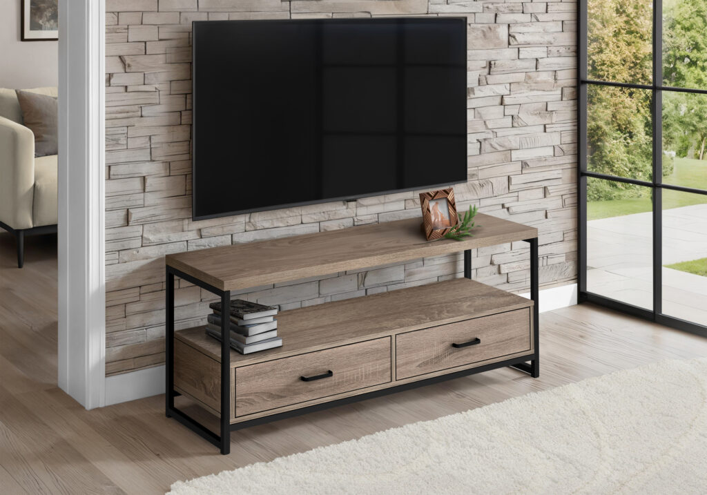 Tv Stand, 48 Inch, Console, Media Entertainment Center, Storage Drawers, Living Room, Bedroom, Brown Laminate, Black Metal, Contemporary, Modern