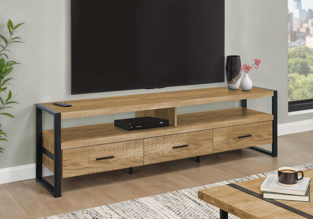 Tv Stand, 72 Inch, Console, Media Entertainment Center, Storage Drawers, Living Room, Mango Wood-look, Black Metal, Contemporary, Modern