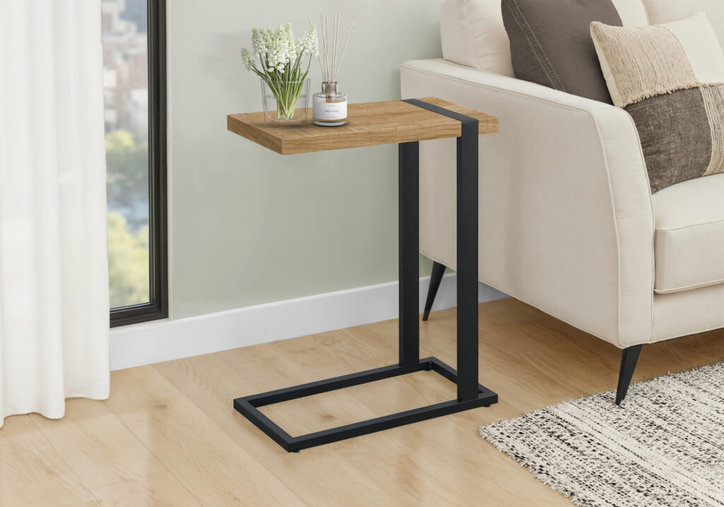 Accent Table, 25″H, C-shaped, End, Side, Snack, Living Room, Bedroom, Mango Wood-look Laminate, Black Metal, Contemporary, Modern