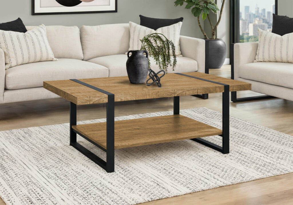 Coffee Table, Accent, Cocktail, Rectangular, Living Room, 48″L, Mango Wood-look, Black Metal, Contemporary, Modern