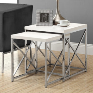 White metal 2-piece set glossy chrome nesting table