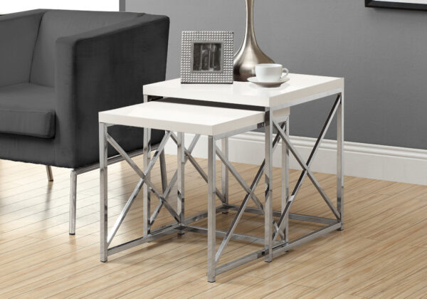 White metal 2-piece set glossy chrome nesting table