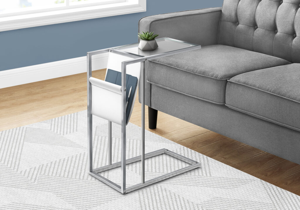 White metal chrome magazine rack accent table