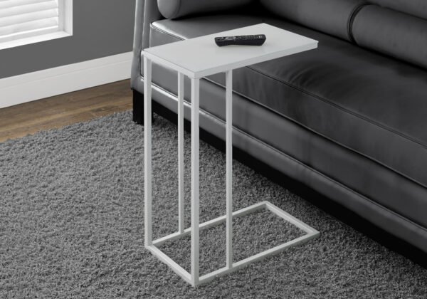 Accent Table, C-shaped, End, Side, Snack, Living Room, Bedroom, Tempered Glass, White Metal, Contemporary, Modern
