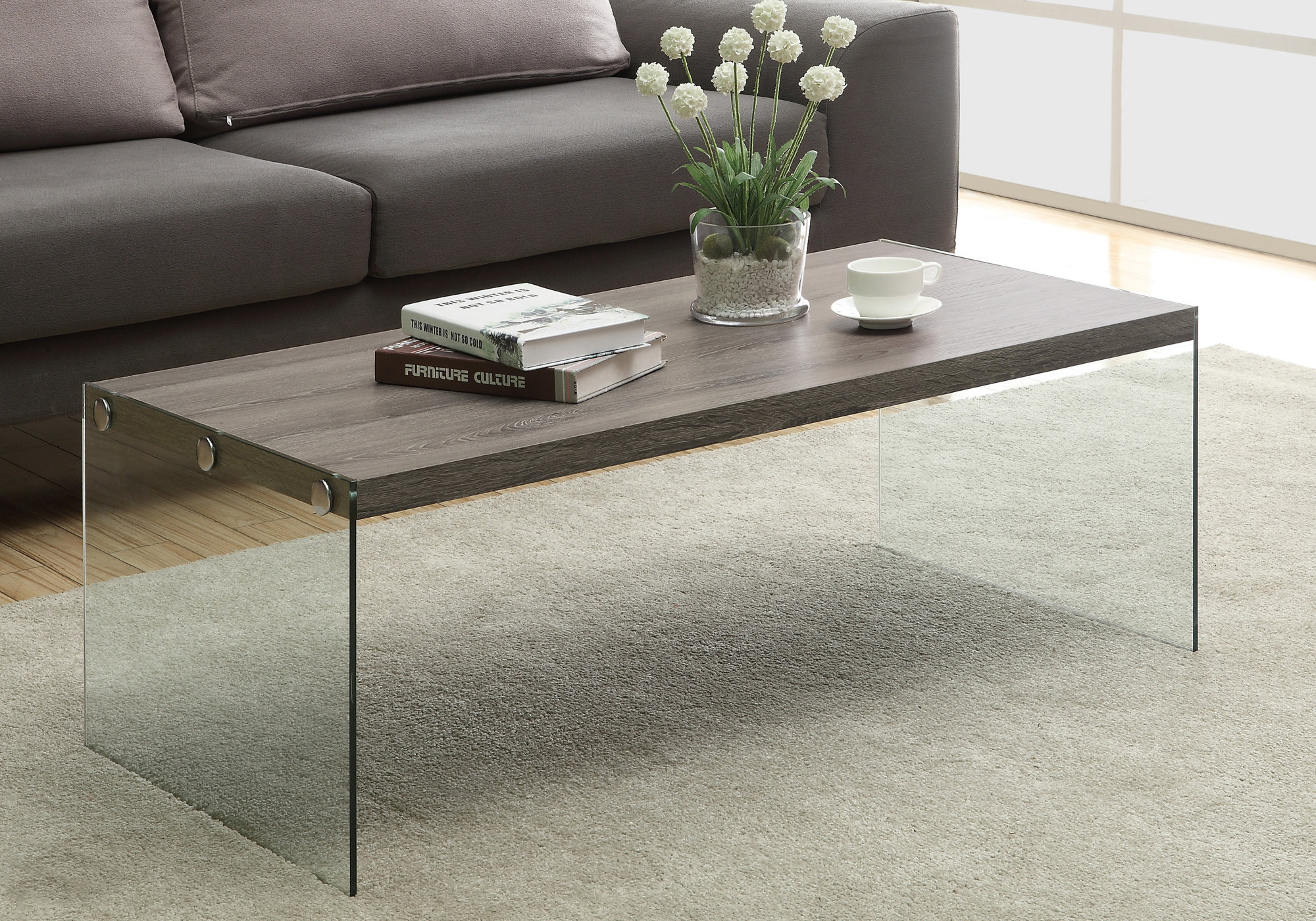 Dark taupe glass coffee table
