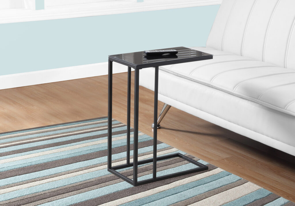 Accent Table, C-shaped, End, Side, Snack, Living Room, Bedroom, Black Tempered Glass, Black Metal, Contemporary, Modern