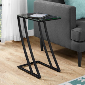 Accent Table, C-shaped, End, Side, Snack, Living Room, Bedroom, Tempered Glass, Black Metal, Contemporary, Modern