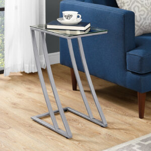 Accent Table, C-shaped, End, Side, Snack, Living Room, Bedroom, Tempered Glass, Grey Metal, Contemporary, Modern