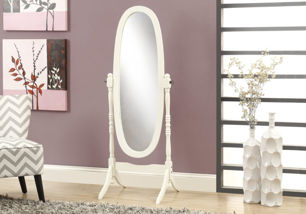 Antique white wood oval frame mirror