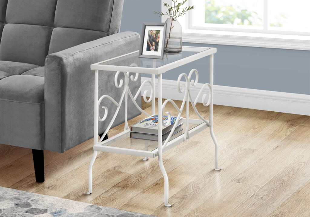 Accent Table, Side, End, Nightstand, Lamp, Living Room, Bedroom, Clear Tempered Glass, White Metal, Traditional