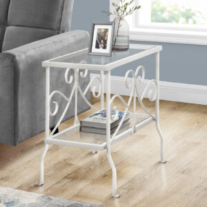 Accent Table, Side, End, Nightstand, Lamp, Living Room, Bedroom, Clear Tempered Glass, White Metal, Traditional
