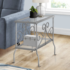 Accent Table, Side, End, Nightstand, Lamp, Living Room, Bedroom, Clear Tempered Glass, Grey Metal, Traditional
