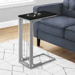 Accent Table, C-shaped, End, Side, Snack, Living Room, Bedroom, Black Laminate, Grey Metal, Transitional