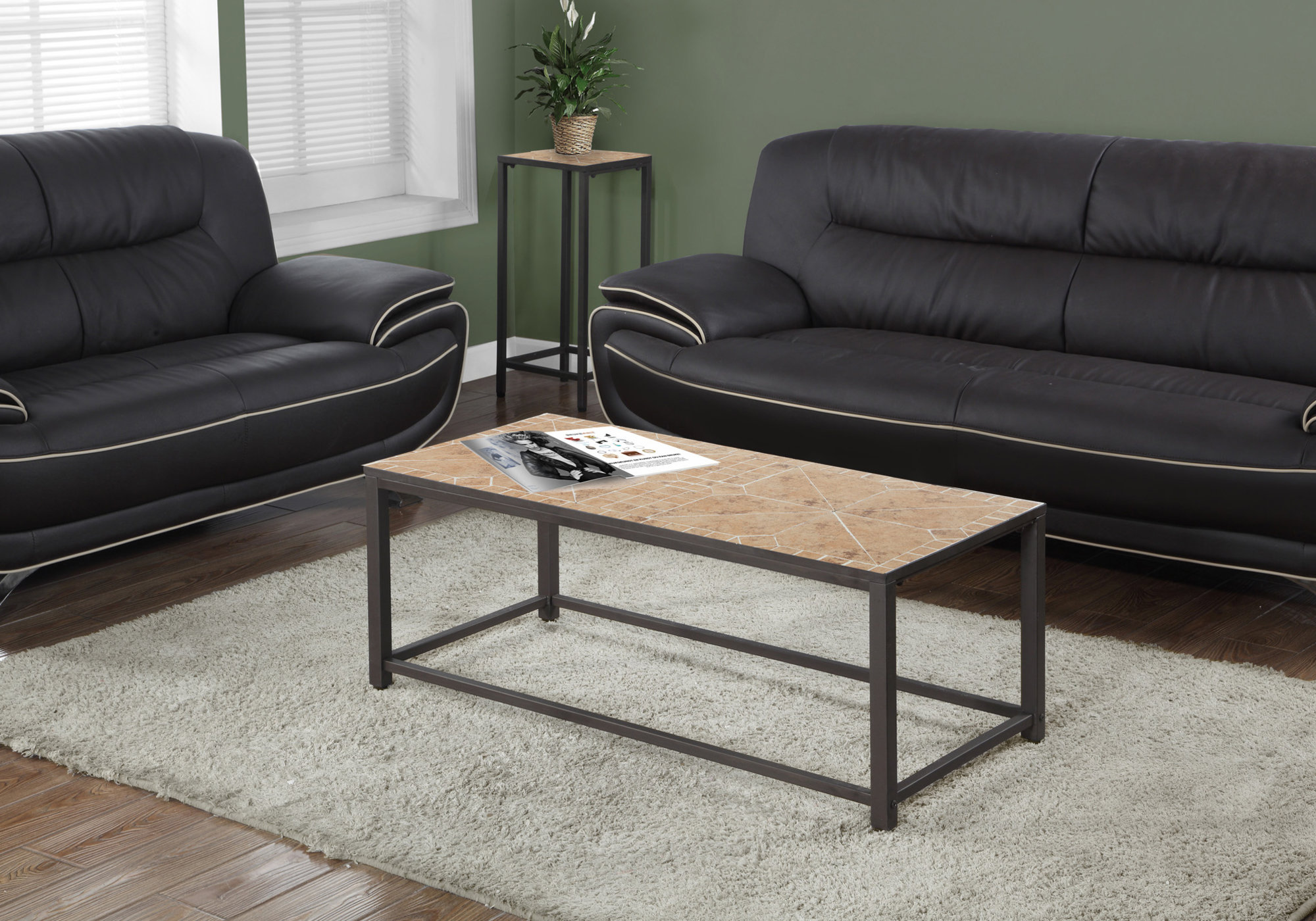 Coffee Table, Accent, Cocktail, Rectangular, Living Room, 42″ L, Brown Tile, Brown Metal, Transitional