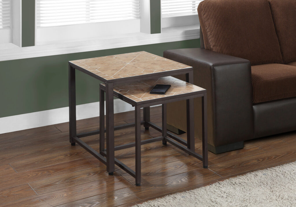 Nesting Table, Set Of 2, Side, End, Metal, Accent, Living Room, Bedroom, Brown Tile, Brown Metal, Transitional
