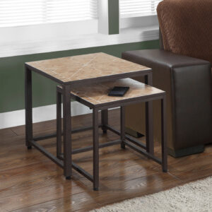 Nesting Table, Set Of 2, Side, End, Metal, Accent, Living Room, Bedroom, Brown Tile, Brown Metal, Transitional