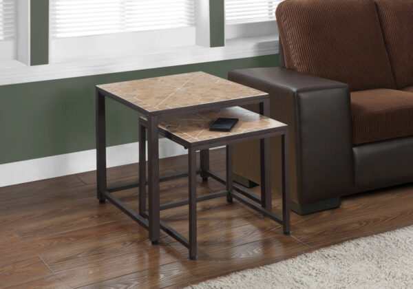 Nesting Table, Set Of 2, Side, End, Metal, Accent, Living Room, Bedroom, Brown Tile, Brown Metal, Transitional