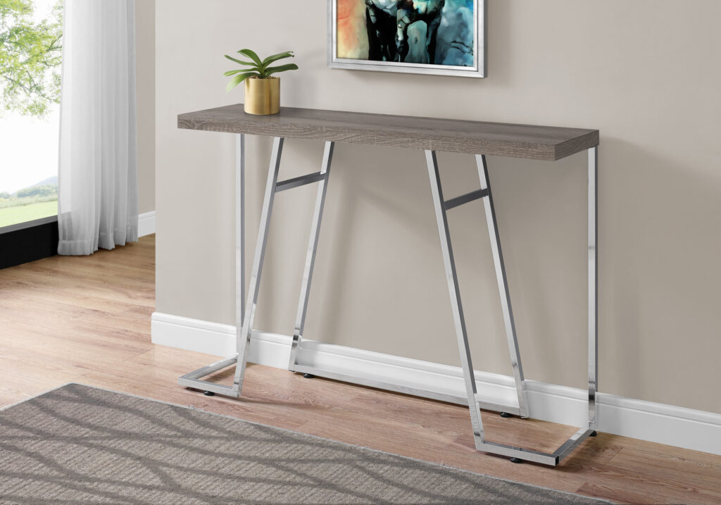 Accent Table, Console, Entryway, Narrow, Sofa, Living Room, Bedroom, Brown Laminate, Chrome Metal, Contemporary, Modern