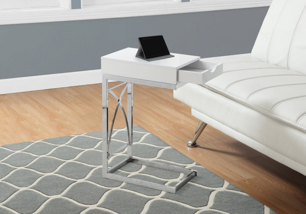 Accent Table, C-shaped, End, Side, Snack, Storage Drawer, Living Room, Bedroom, Glossy White Laminate, Chrome Metal, Contemporary, Modern