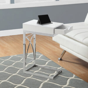 Accent Table, C-shaped, End, Side, Snack, Storage Drawer, Living Room, Bedroom, Glossy White Laminate, Chrome Metal, Contemporary, Modern