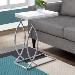 Accent Table, C-shaped, End, Side, Snack, Living Room, Bedroom, Glossy White Laminate, Chrome Metal, Contemporary, Modern