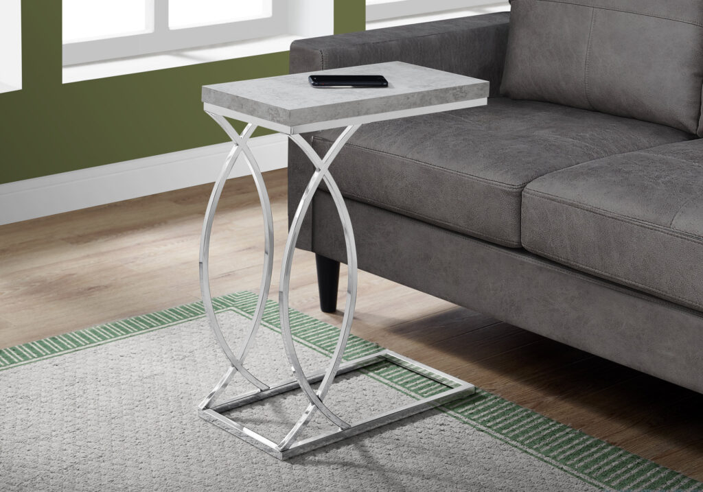 Accent Table, C-shaped, End, Side, Snack, Living Room, Bedroom, Grey Laminate, Chrome Metal, Contemporary, Modern
