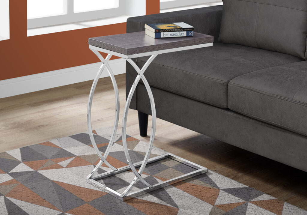 Accent Table, C-shaped, End, Side, Snack, Living Room, Bedroom, Grey Laminate, Chrome Metal, Contemporary, Modern