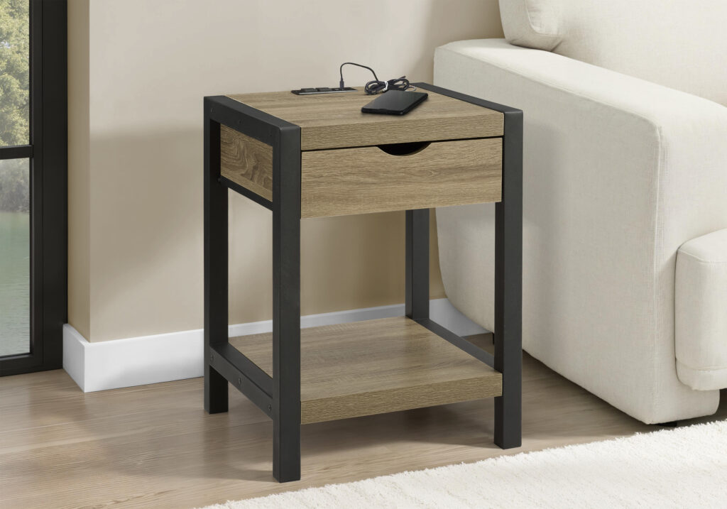 Accent Table, 24″H, 2 Tier, End, Side Table, Nightstand, Lamp, Storage Drawer, Dark Taupe Laminate, Black Metal, Contemporary