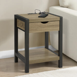 Accent Table, 24"H, 2 Tier, End, Side Table, Nightstand, Lamp, Storage Drawer, Dark Taupe Laminate, Black Metal, Contemporary