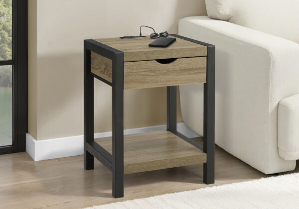 Accent Table, 24″H, 2 Tier, End, Side Table, Nightstand, Lamp, Storage Drawer, Dark Taupe Laminate, Black Metal, Contemporary