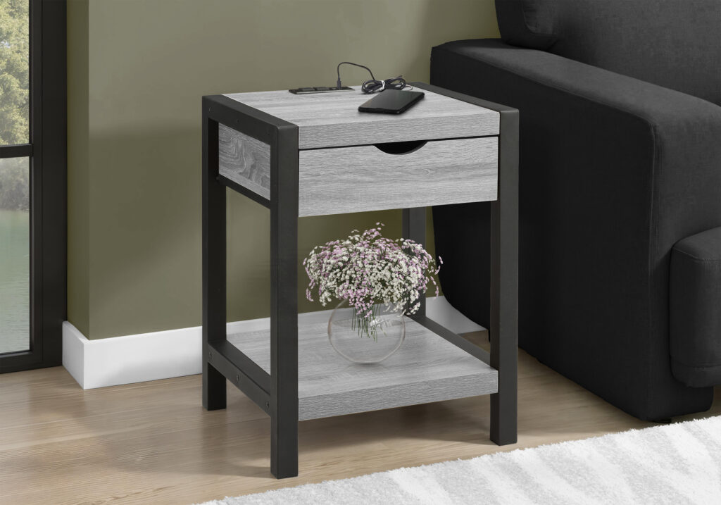 Accent Table, 24″H, 2 Tier, End, Side Table, Nightstand, Lamp, Storage Drawer, Grey Laminate, Black Metal, Contemporary