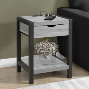 Accent Table, 24"H, 2 Tier, End, Side Table, Nightstand, Lamp, Storage Drawer, Grey Laminate, Black Metal, Contemporary