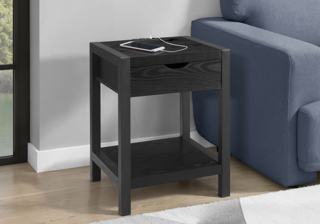 Accent Table, 24″H, 2 Tier, End, Side Table, Nightstand, Lamp, Storage Drawer, Black Oak Laminate, Black Metal, Contemporary