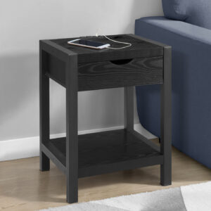 Accent Table, 24"H, 2 Tier, End, Side Table, Nightstand, Lamp, Storage Drawer, Black Oak Laminate, Black Metal, Contemporary