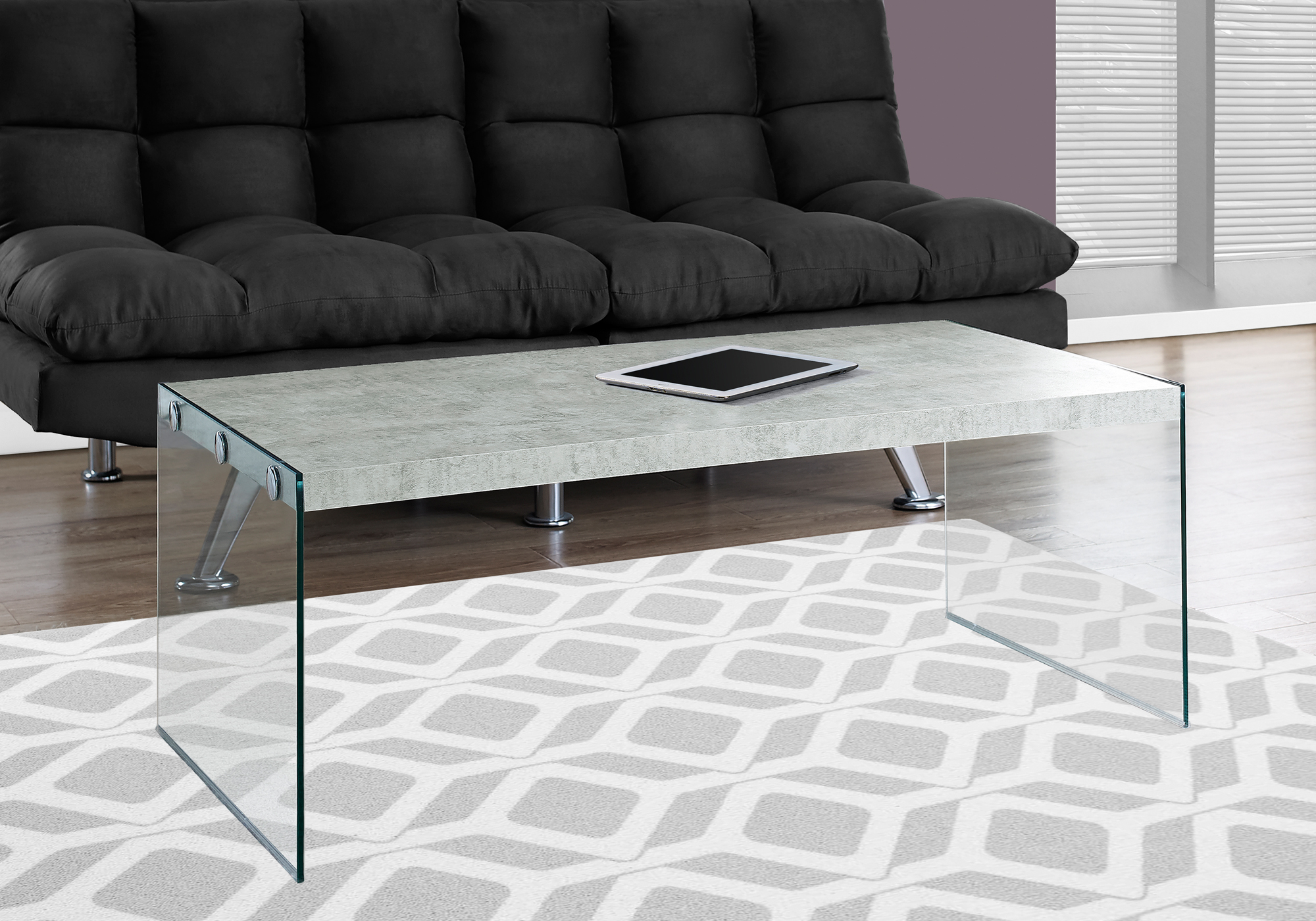 Coffee Table, Accent, Cocktail, Rectangular, Living Room, 44″L, Grey Laminate, Clear Tempered Glass, Contemporary, Modern