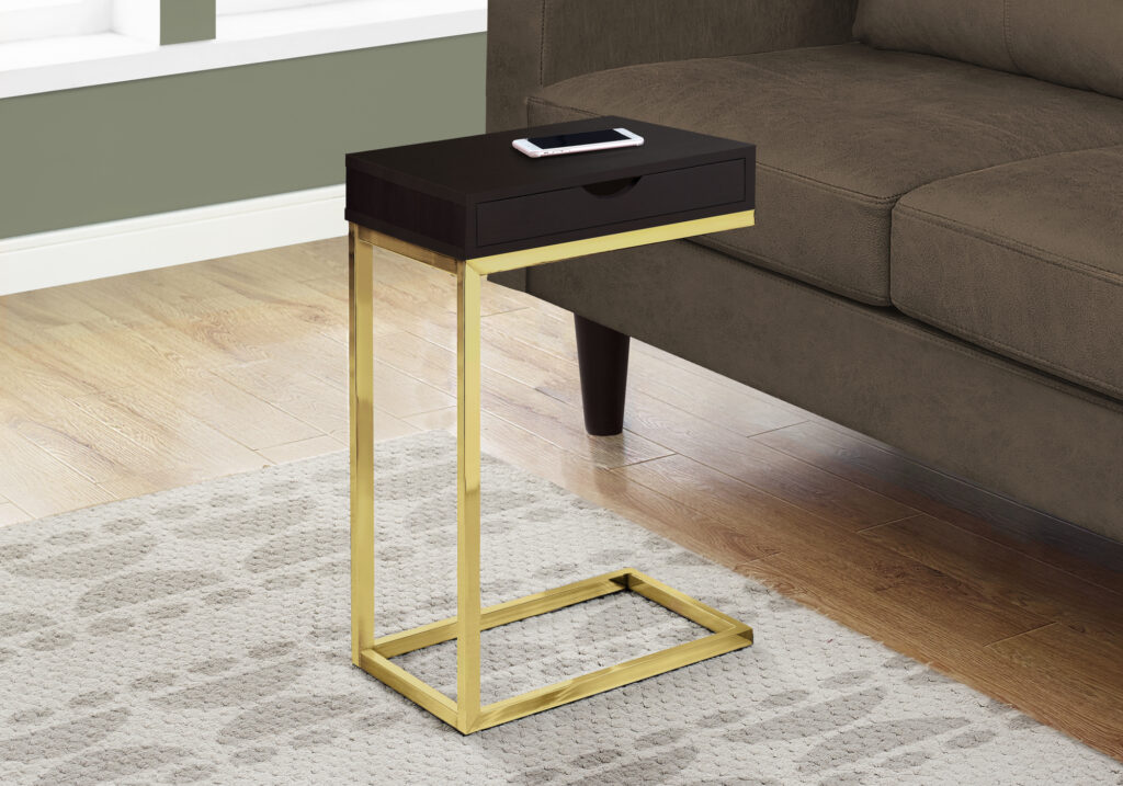 Accent Table, C-shaped, End, Side, Snack, Storage Drawer, Living Room, Bedroom, Brown Laminate, Gold Metal, Contemporary, Modern