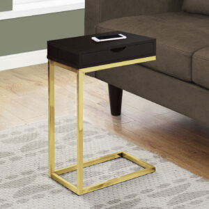 Accent Table, C-shaped, End, Side, Snack, Storage Drawer, Living Room, Bedroom, Brown Laminate, Gold Metal, Contemporary, Modern
