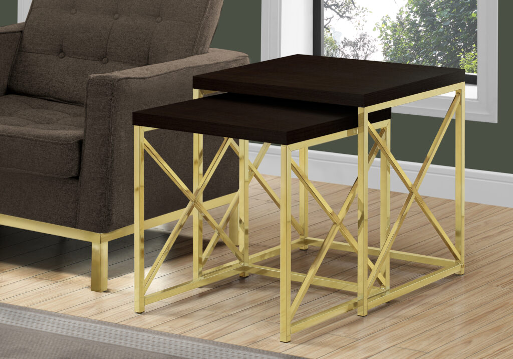 Nesting Table, Set Of 2, Side, End, Metal, Accent, Living Room, Bedroom, Brown Laminate, Gold Metal, Contemporary, Modern