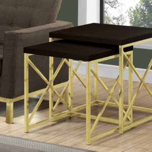 Nesting Table, Set Of 2, Side, End, Metal, Accent, Living Room, Bedroom, Brown Laminate, Gold Metal, Contemporary, Modern
