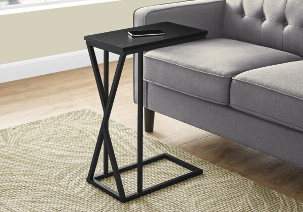 Accent Table, C-shaped, End, Side, Snack, Living Room, Bedroom, Black Laminate, Black Metal, Contemporary, Modern