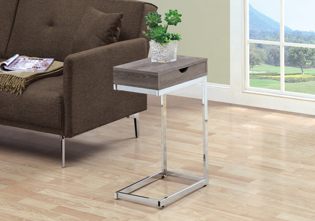Dark taupe metal chrome drawer accent table