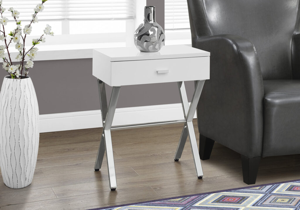 Accent Table, Side, End, Nightstand, Lamp, Storage Drawer, Living Room, Bedroom, Glossy White Laminate, Chrome Metal, Contemporary, Modern