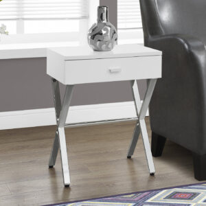 Accent Table, Side, End, Nightstand, Lamp, Storage Drawer, Living Room, Bedroom, Glossy White Laminate, Chrome Metal, Contemporary, Modern