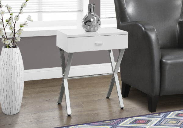 Accent Table, Side, End, Nightstand, Lamp, Storage Drawer, Living Room, Bedroom, Glossy White Laminate, Chrome Metal, Contemporary, Modern