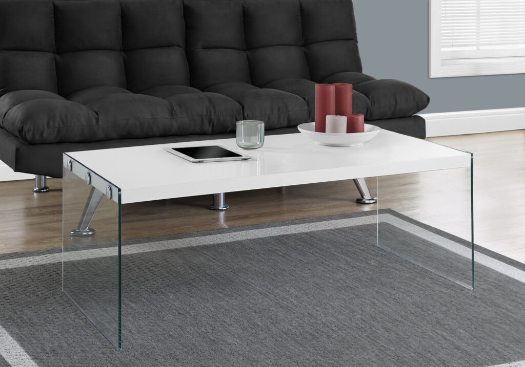 Coffee Table, Accent, Cocktail, Rectangular, Living Room, 44″L, Glossy White Laminate, Clear Tempered Glass, Contemporary, Modern